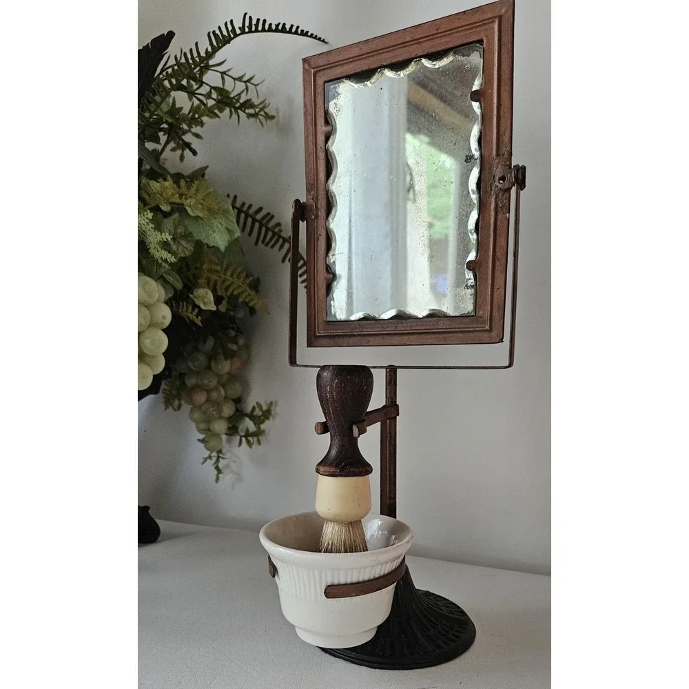 Antique Shaving Set Scalloped Edge Mirror Mug & Brush Holder Americana